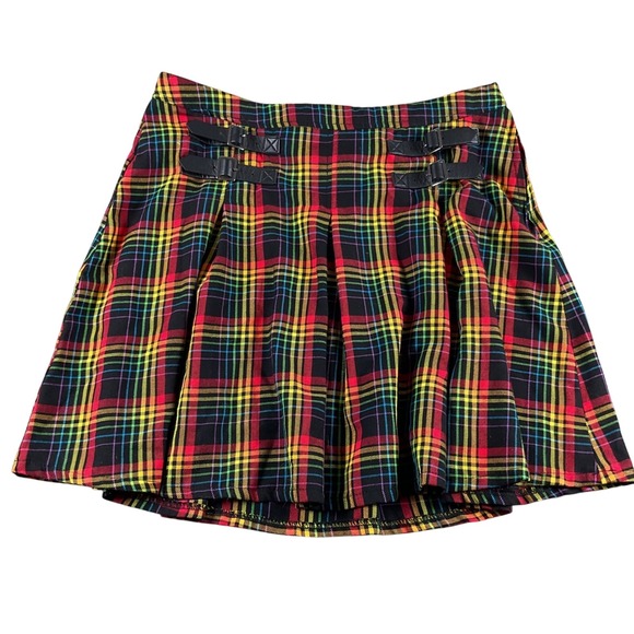 Hot Topic Plaid Pleated Mini Skirt Buckle Straps Rainbow Grunge Emo Goth LG - Picture 1 of 7